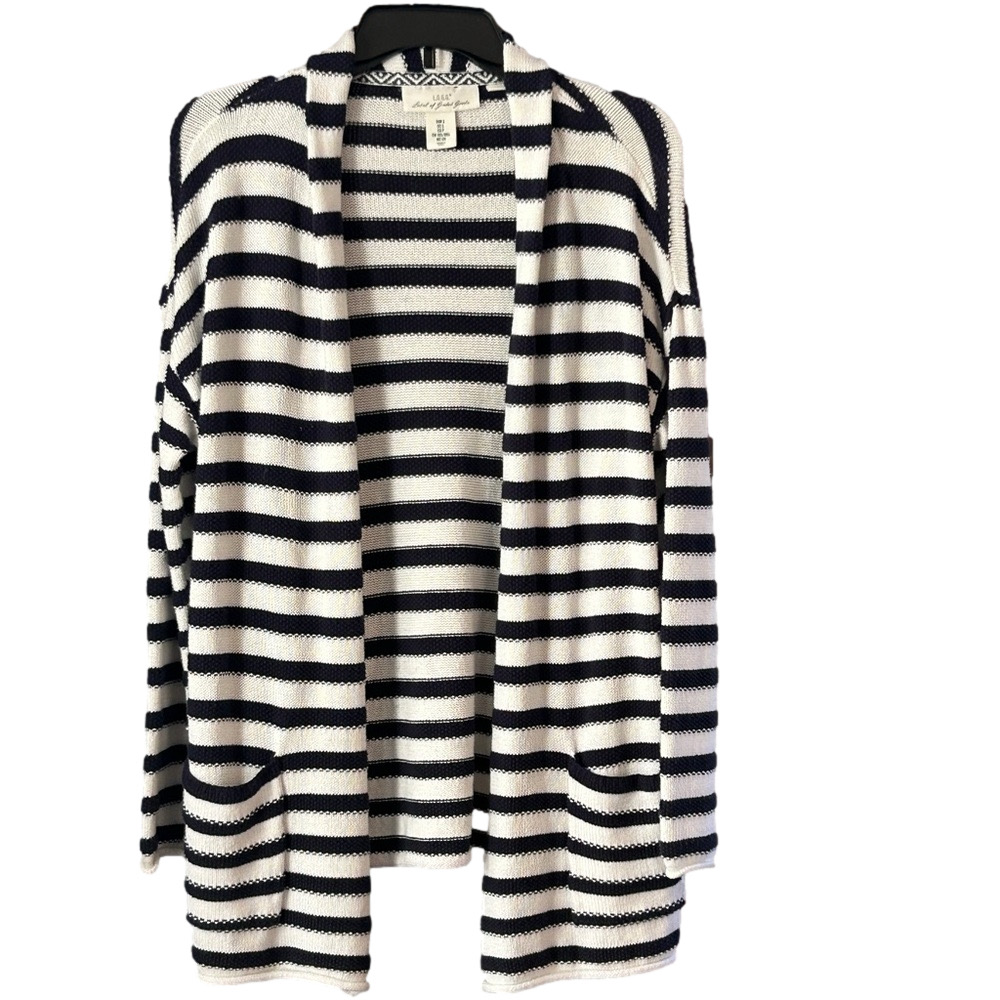 H&M L.O.G.G. Fisherman Striped Navy + White Cardigan Open Front Pockets Size S